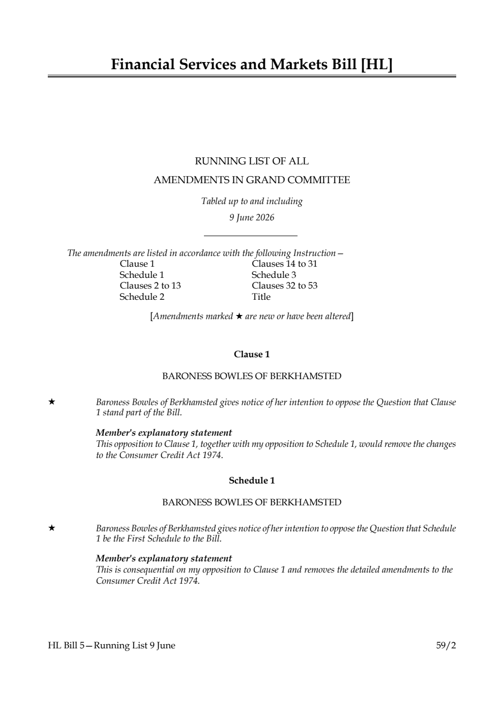 Financial Services and Markets Bill Running List of all amendments in Grand Committee tabled up to and including 9 June 2026