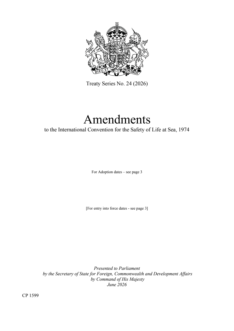 Treaty Series No. 24 (2026) Amendments to the International Convention for the Safety of Life at Sea, 1974