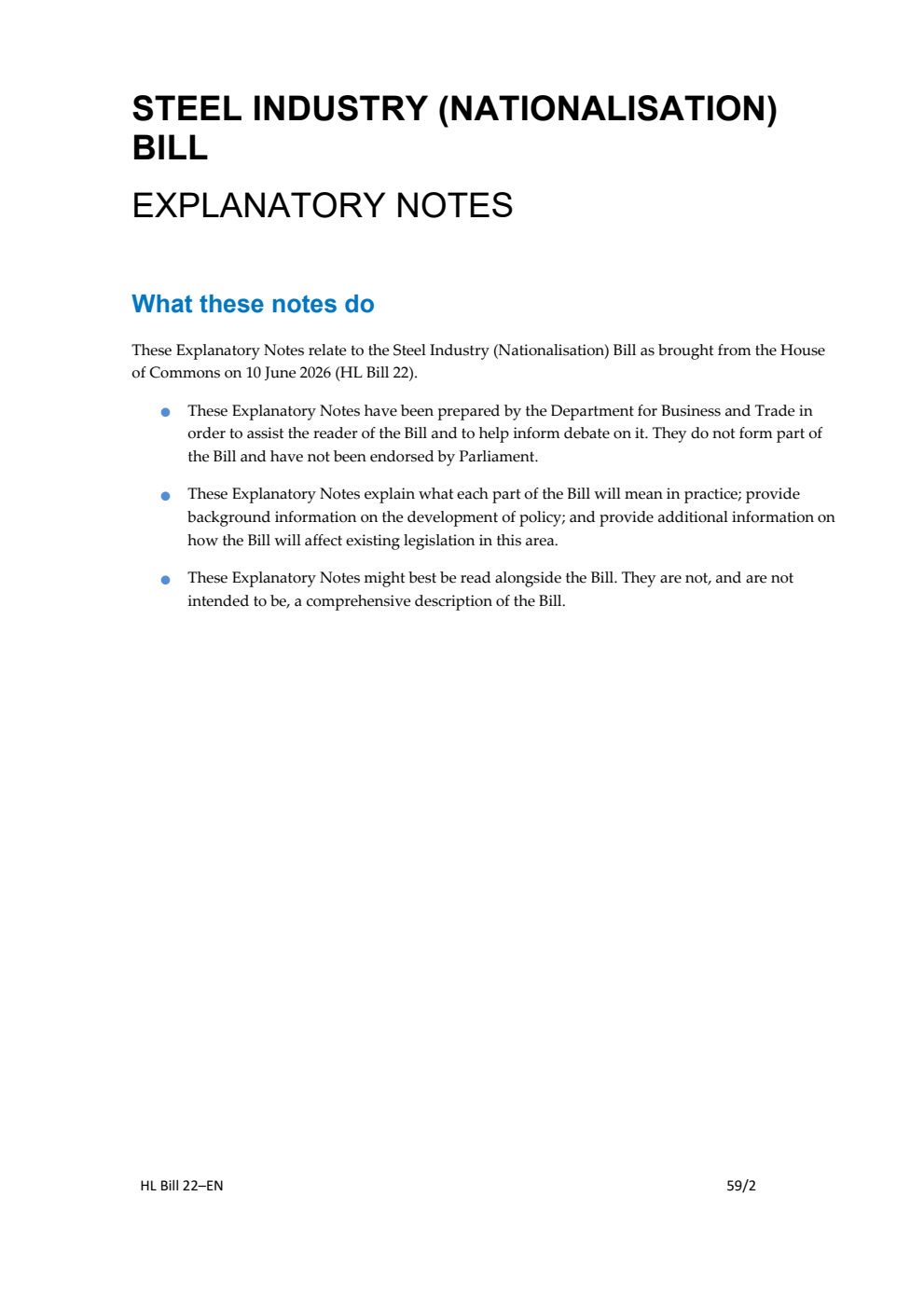 Steel Industry (Nationalisation) Bill Explanatory Notes