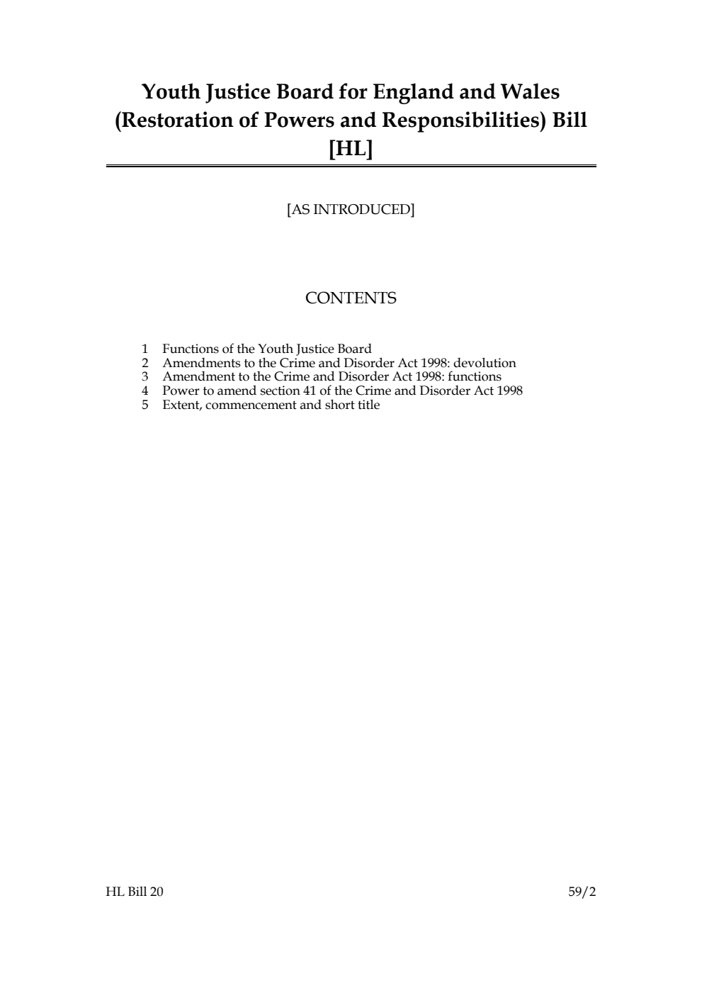 Youth Justice Board for England and Wales (Restoration of Powers and Responsibilities) Bill