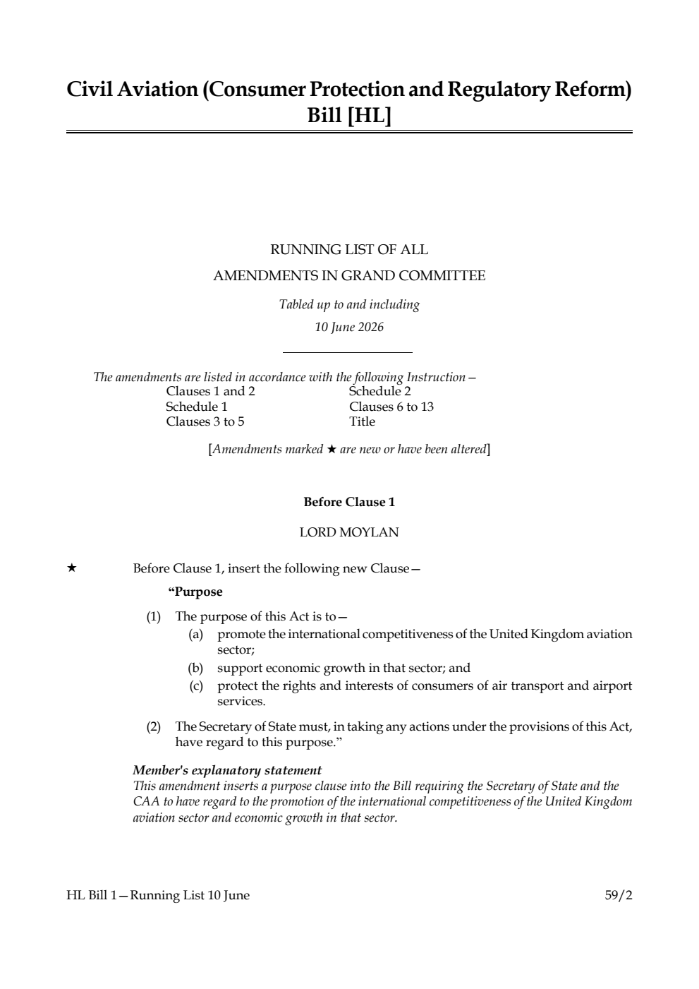 Civil Aviation (Consumer Protection and Regulatory Reform) Bill Running List of all amendments in Grand Committee tabled up to and including 10 June 2026