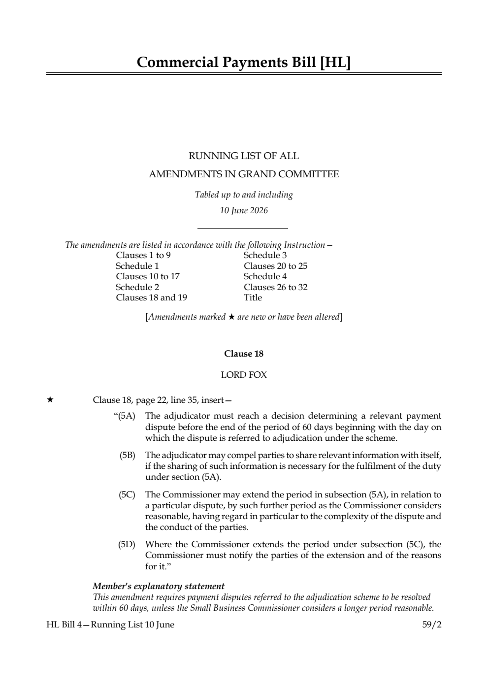 Commercial Payments Bill Running List of all amendments in Grand Committee tabled up to and including 10 June 2026