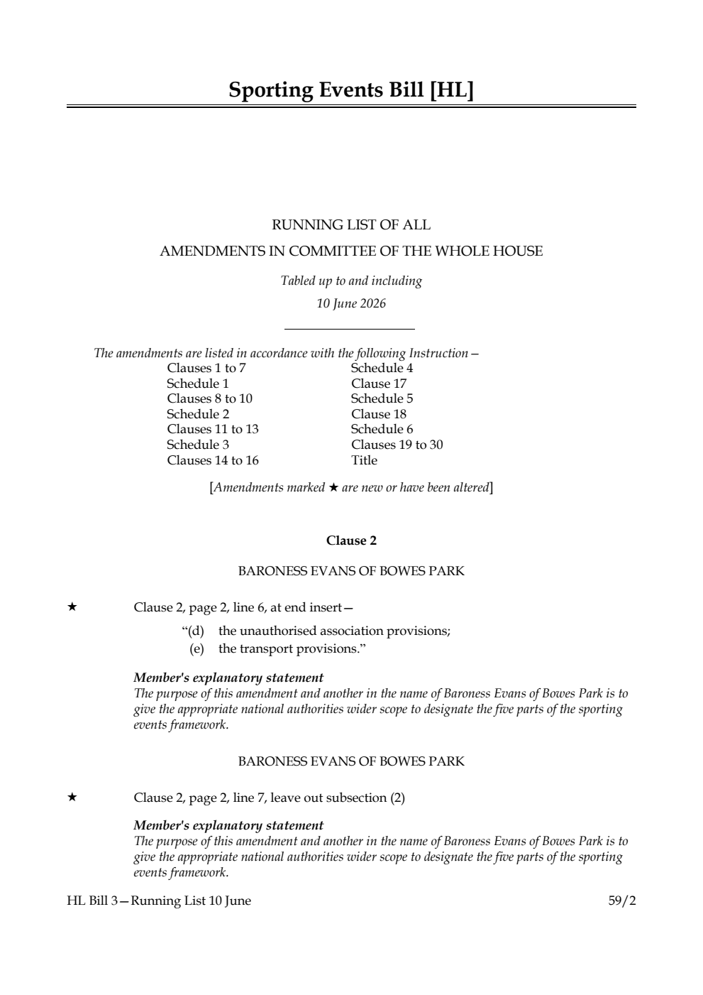 Sporting Events Bill Running List of all amendments in Committee of the Whole House tabled up to and including 10 June 2026
