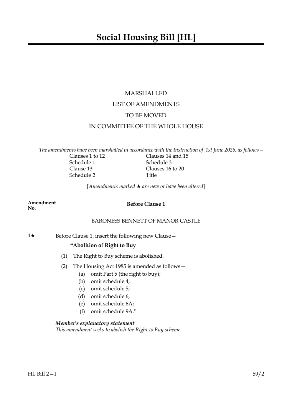 Social Housing Bill Marshalled List of amendments to be moved in Committee of the Whole House