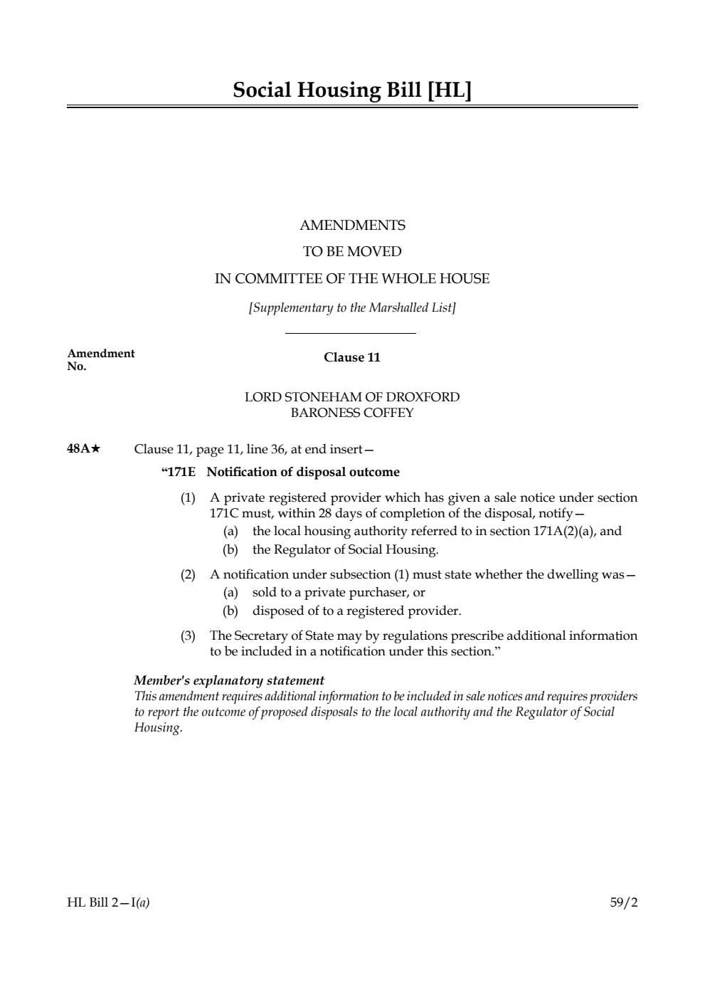 Social Housing Bill Amendments to be moved in Committee of the Whole House [Supplementary to the Marshalled List]
