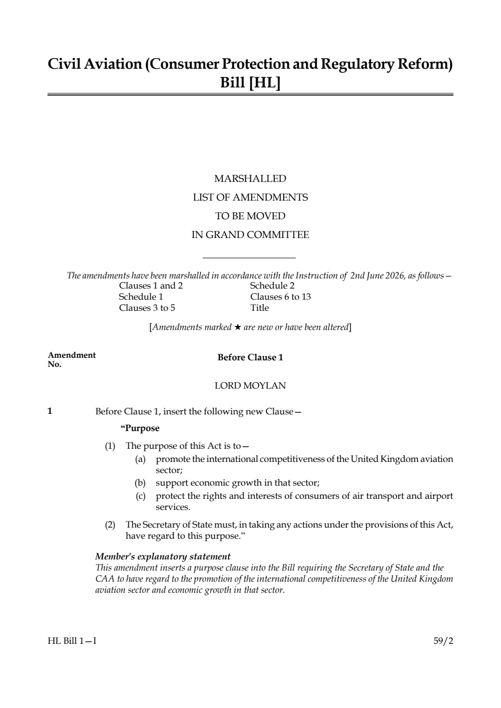 Civil Aviation (Consumer Protection and Regulatory Reform) Bill Marshalled List of amendments to be moved in Grand Committee
