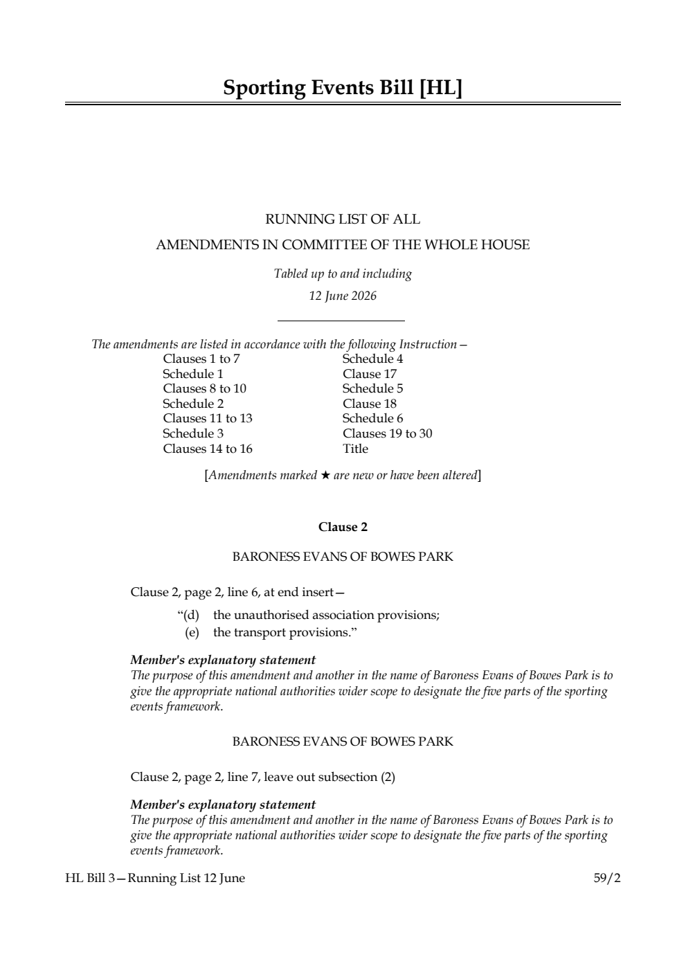 Sporting Events Bill Running List of all amendments in Committee of the Whole House tabled up to and including 12 June 2026
