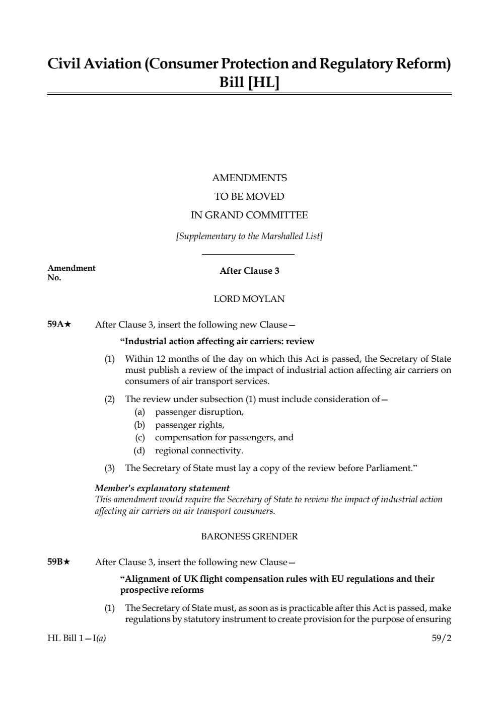 Civil Aviation (Consumer Protection and Regulatory Reform) Bill Amendments to be moved in Grand Committee [Supplementary to the Marshalled List]