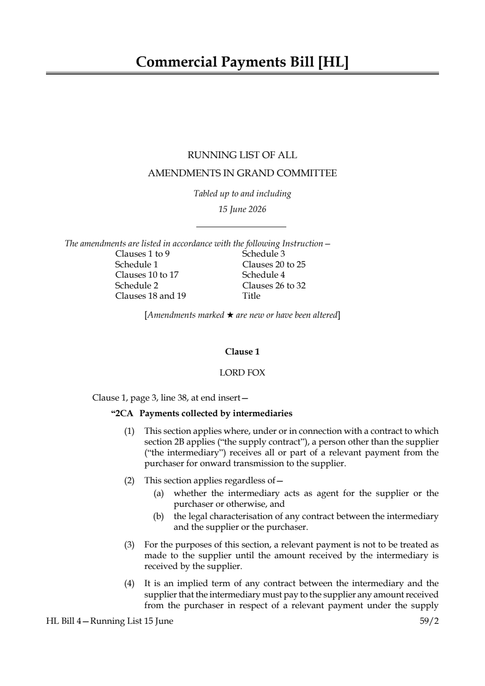 Commercial Payments Bill Running List of all amendments in Grand Committee tabled up to and including 15 June 2026