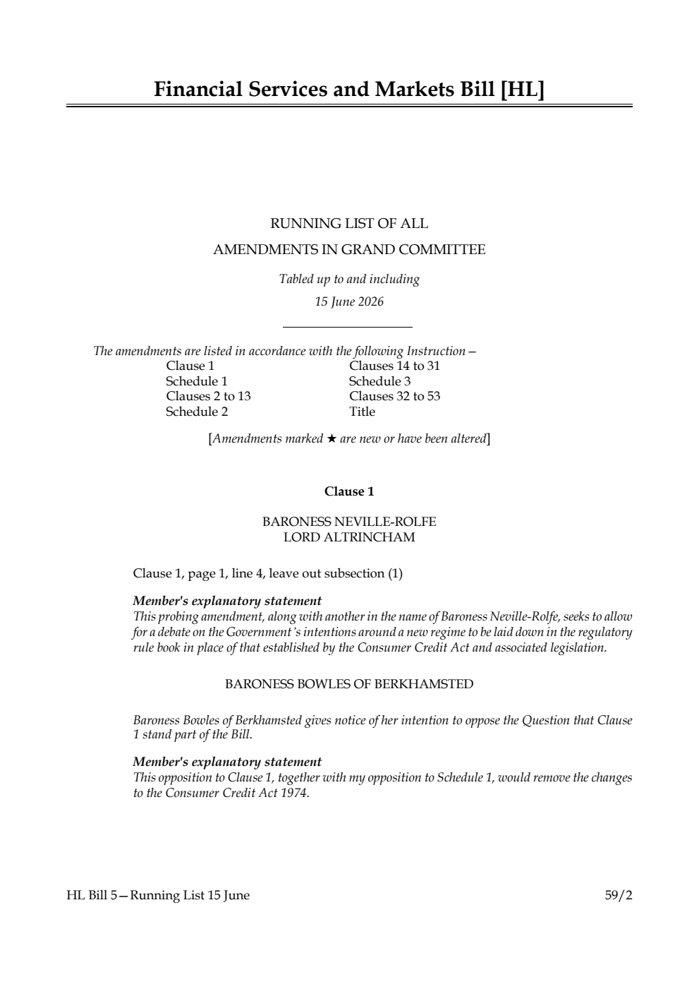 Financial Services and Markets Bill Running List of all amendments in Grand Committee tabled up to and including 15 June 2026