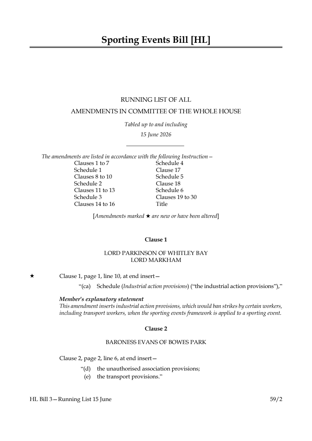 Sporting Events Bill Running List of all amendments in Committee of the Whole House tabled up to and including 15 June 2026