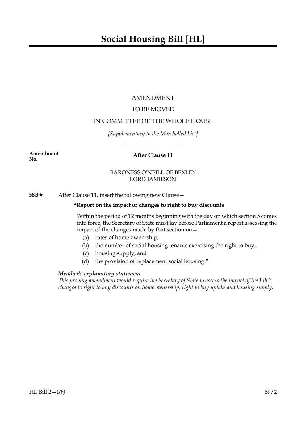 Social Housing Bill Amendment to be moved in Committee of the Whole House [Supplementary to the Marshalled List]