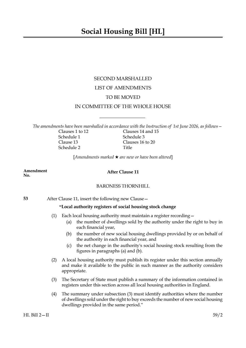 Social Housing Bill Second Marshalled List of amendments to be moved in Committee of the Whole House