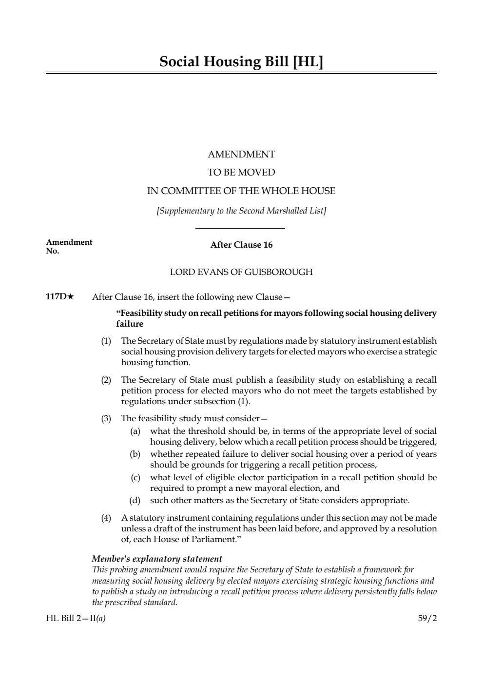 Social Housing Bill Amendment to be moved in Committee of the Whole House [Supplementary to the Marshalled List]