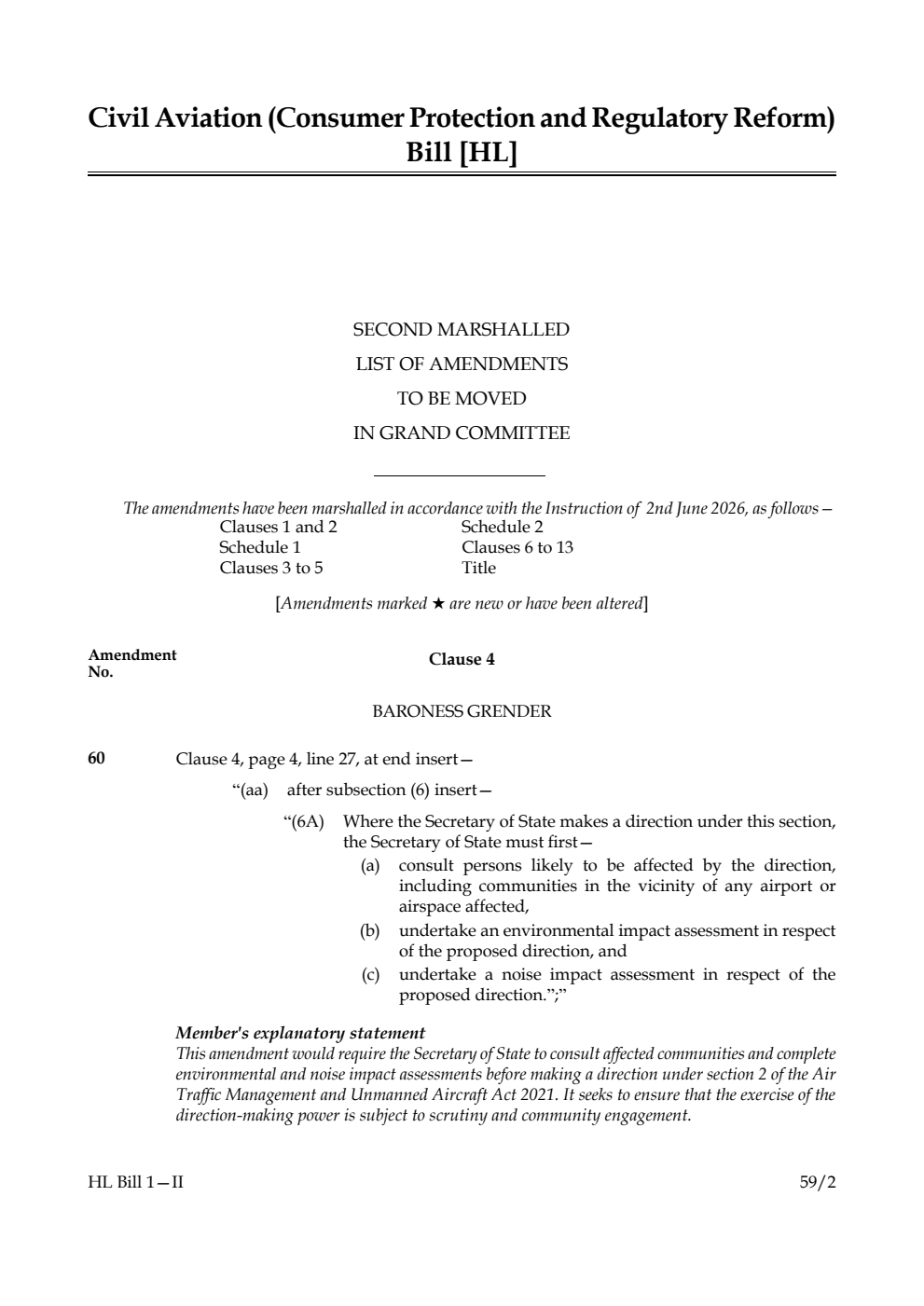 Civil Aviation (Consumer Protection and Regulatory Reform) Bill Second Marshalled List of amendments to be moved in Grand Committee