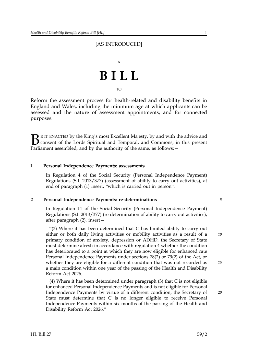 Health and Disability Benefits Reform Bill