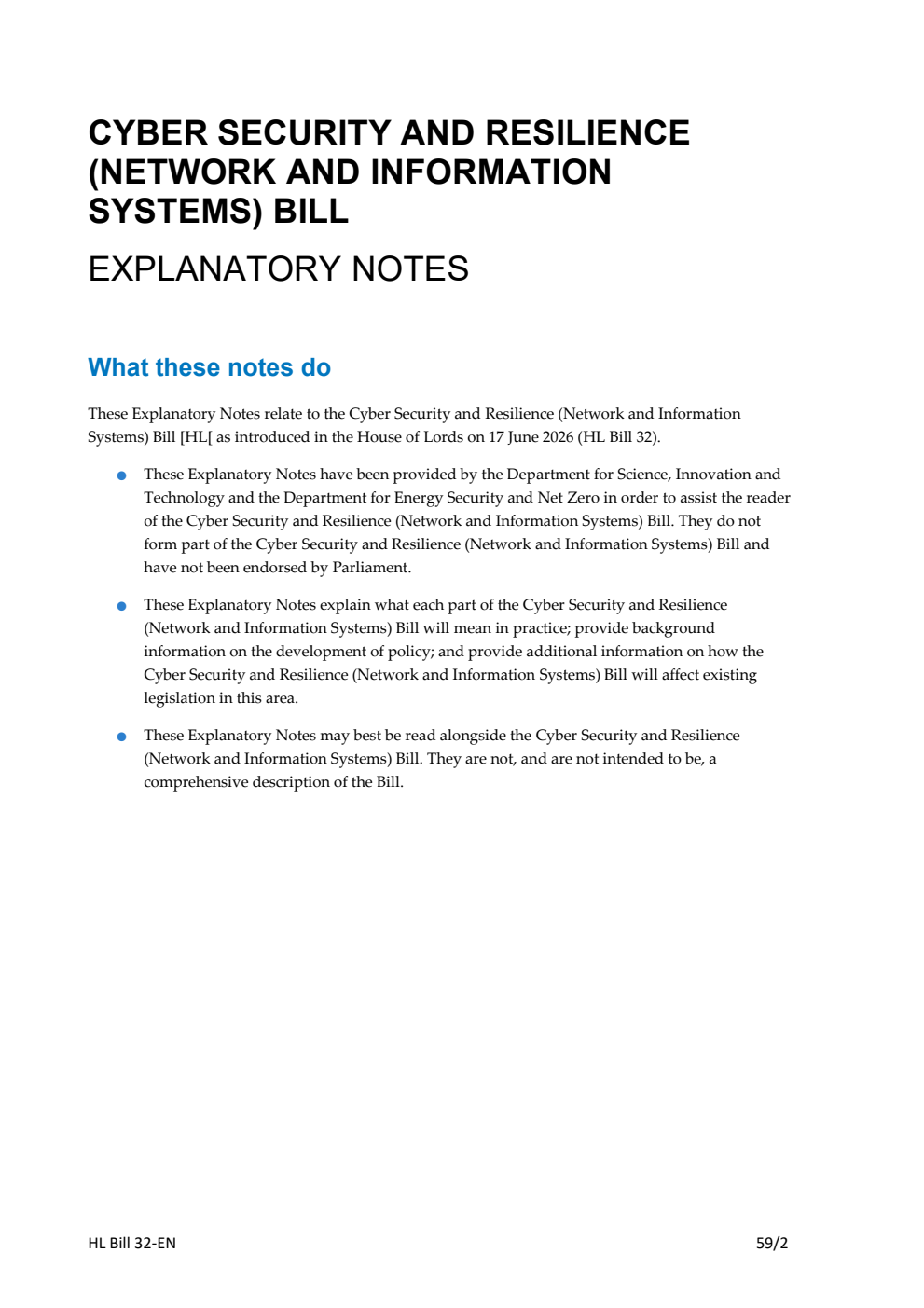 Cyber Security and Resilience (Network and Information Systems) Bill Explanatory Notes
