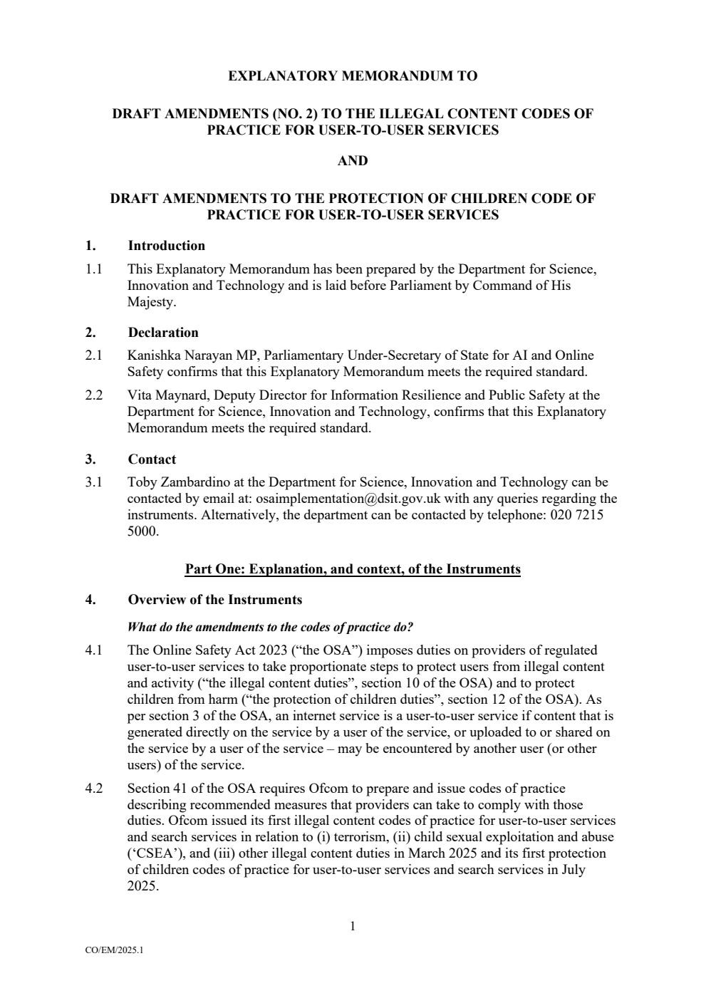 Explanatory Memorandum to Draft amendments (No. 2) to the Illegal content Codes of Practice for user-to-user services