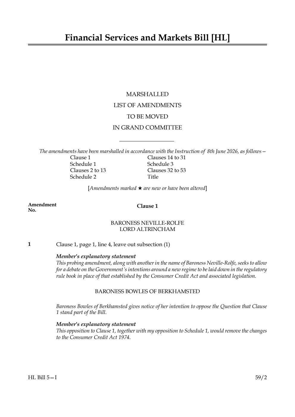 Financial Services and Markets Bill Marshalled List of amendments to be moved in Grand Committee