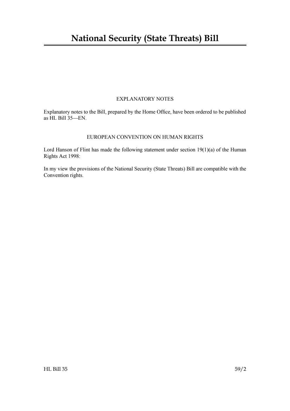 National Security (State Threats) Bill [as brought from the Commons]