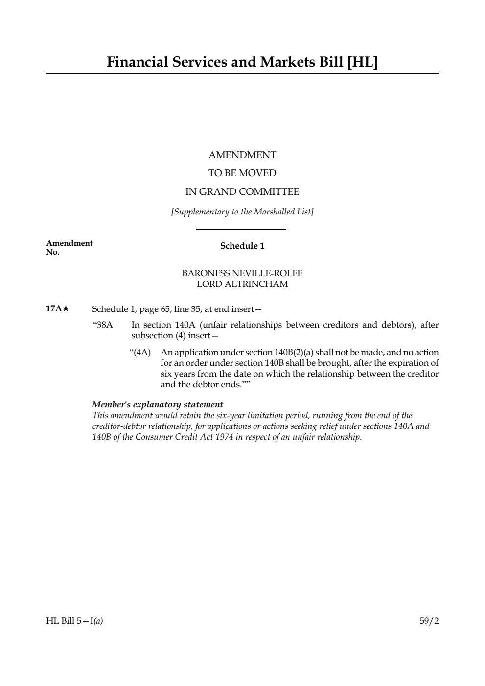 Financial Services and Markets Bill Amendment to be moved in Grand Committee [Supplementary to the Marshalled List]