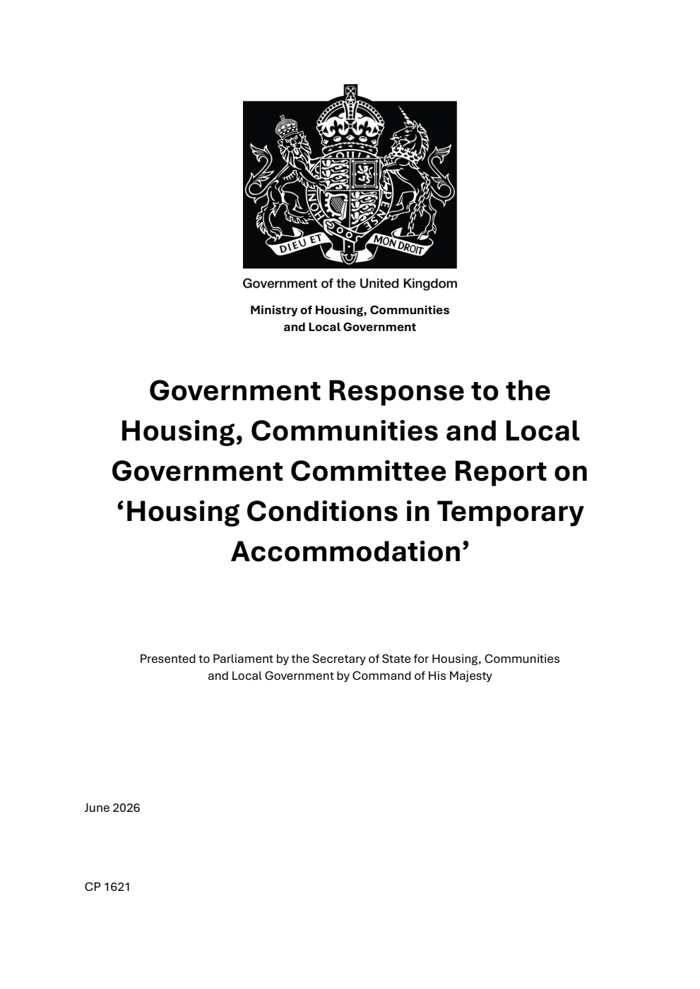 Government Response to the Housing, Communities and Local Government Committee Report on ‘Housing Conditions in Temporary Accommodation’