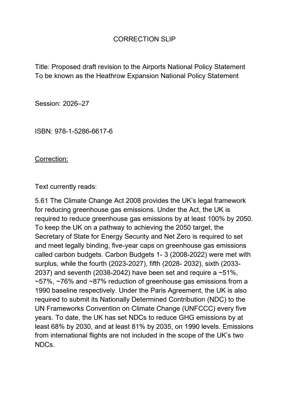 Proposed draft revision to the Airports National Policy Statement: To be known as the Heathrow Expansion National Policy Statement. Correction Slip, June 2026