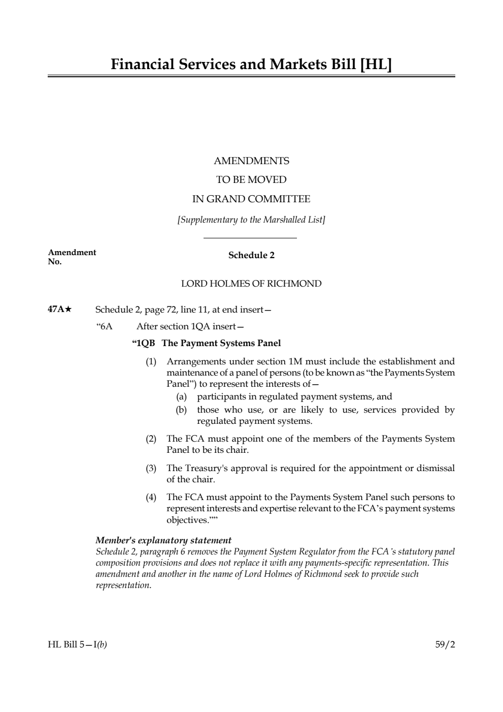 Financial Services and Markets Bill Amendments to be moved in Grand Committee [Supplementary to the Marshalled List]