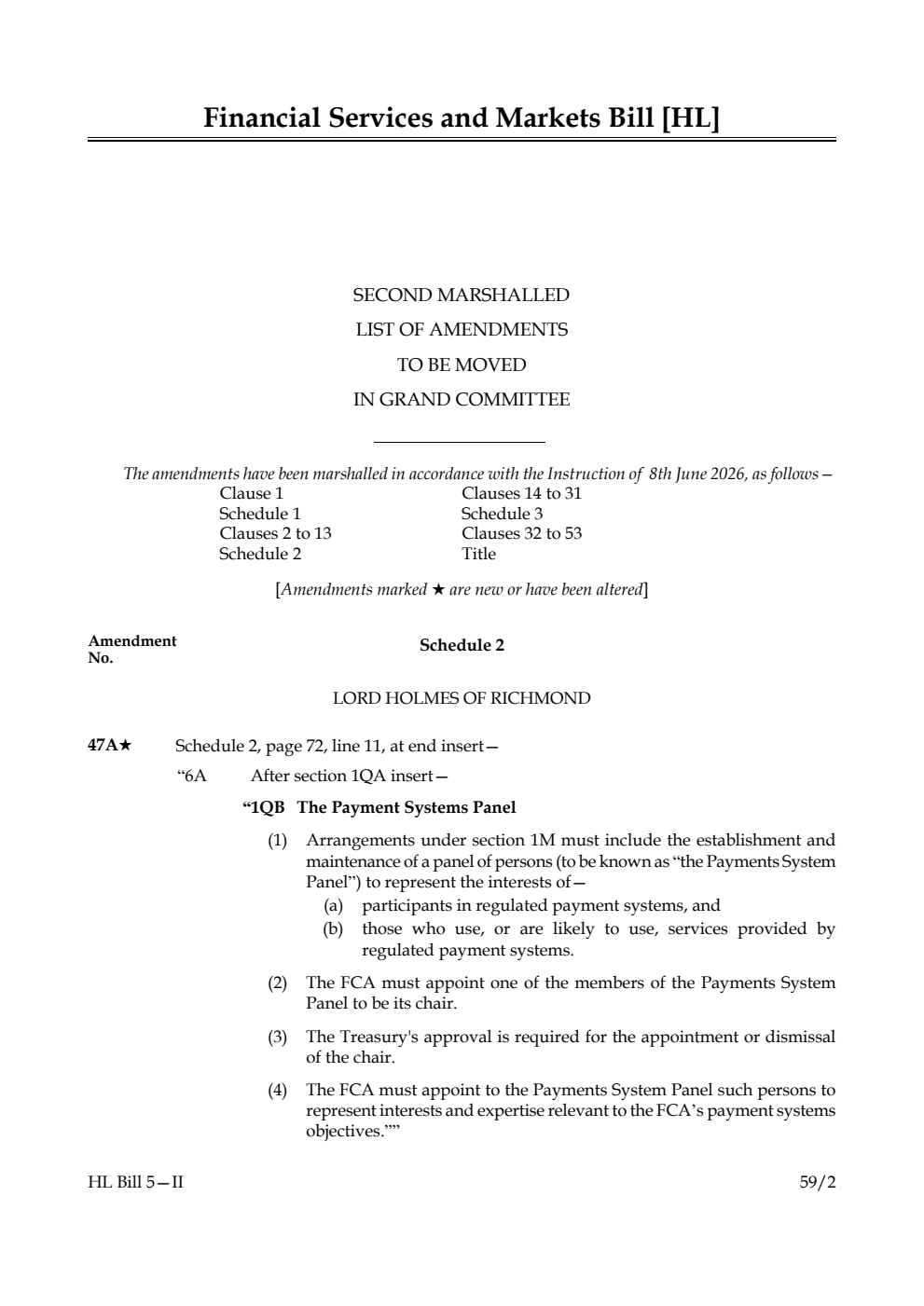 Financial Services and Markets Bill Second Marshalled List of amendments to be moved in Grand Committee