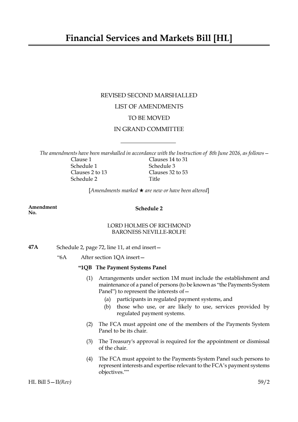 Financial Services and Markets Bill Revised second Marshalled List of amendments to be moved in Grand Committee