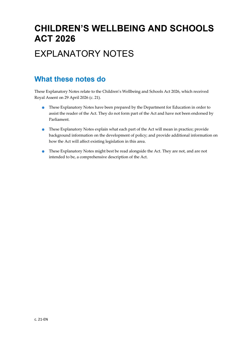 Children’s Wellbeing and Schools Act 2026: Chapter 21 Explanatory Notes
