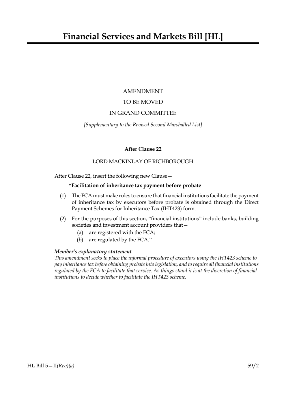 Financial Services and Markets Bill Amendment to be moved in Grand Committee [Supplementary to the Revised Second Marshalled List] 