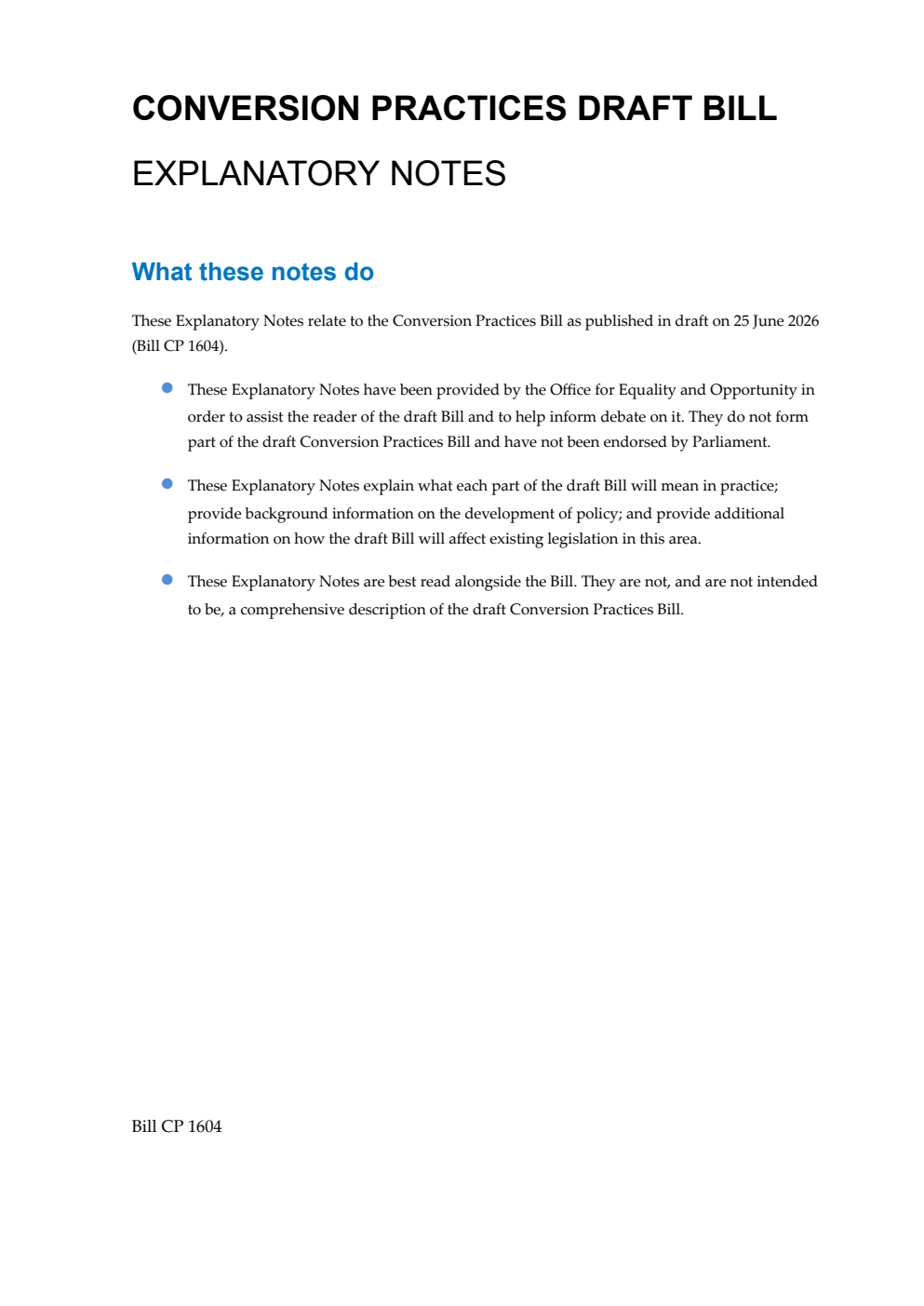 Conversion Practices Draft Bill Explanatory Notes