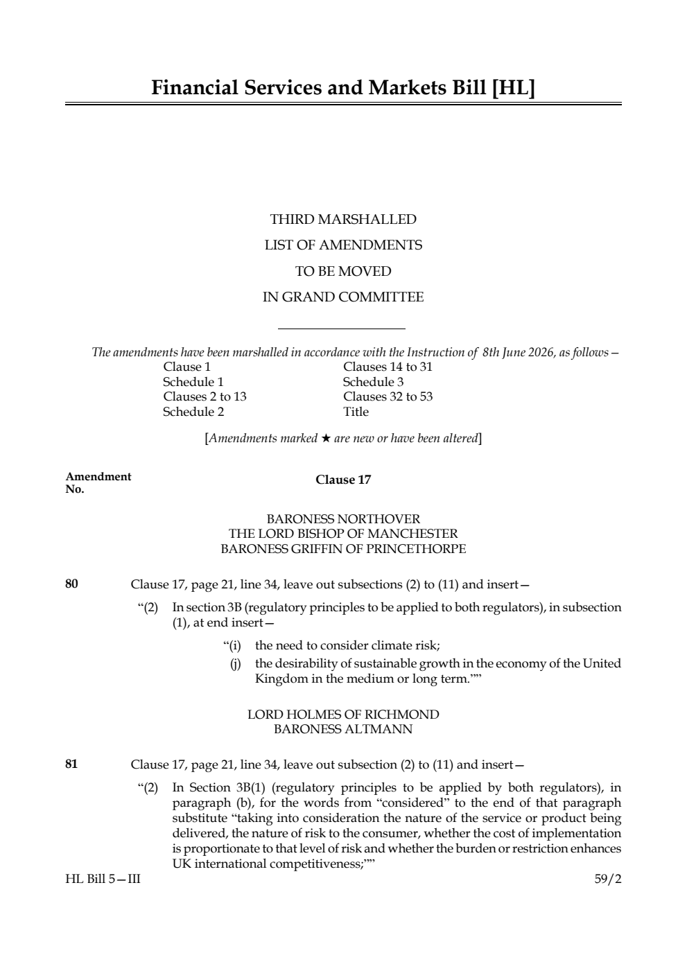 Financial Services and Markets Bill Third Marshalled List of amendments to be moved in Grand Committee