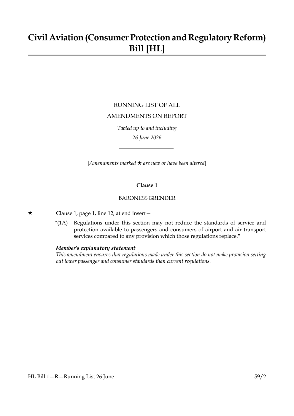 Civil Aviation (Consumer Protection and Regulatory Reform) Bill Running List of all amendments on report tabled up to and including 26 June 2026