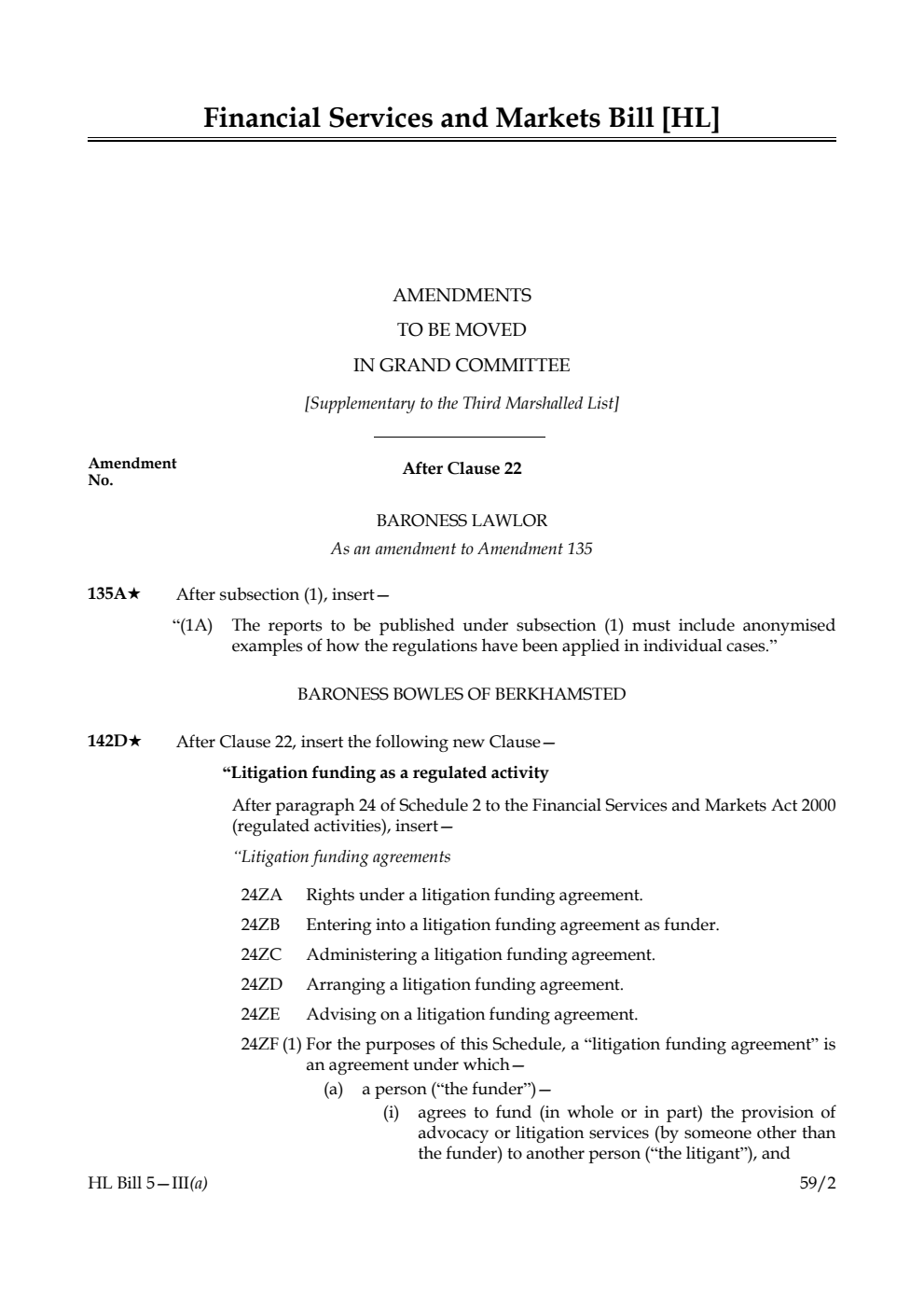 Financial Services and Markets Bill Amendments to be moved in Grand Committee [Supplementary to the Third Marshalled List]