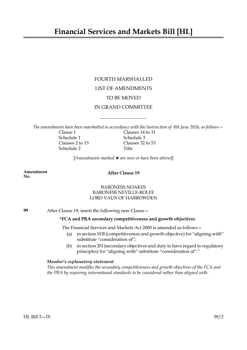 Financial Services and Markets Bill Fourth Marshalled List of amendments to be moved in Grand Committee