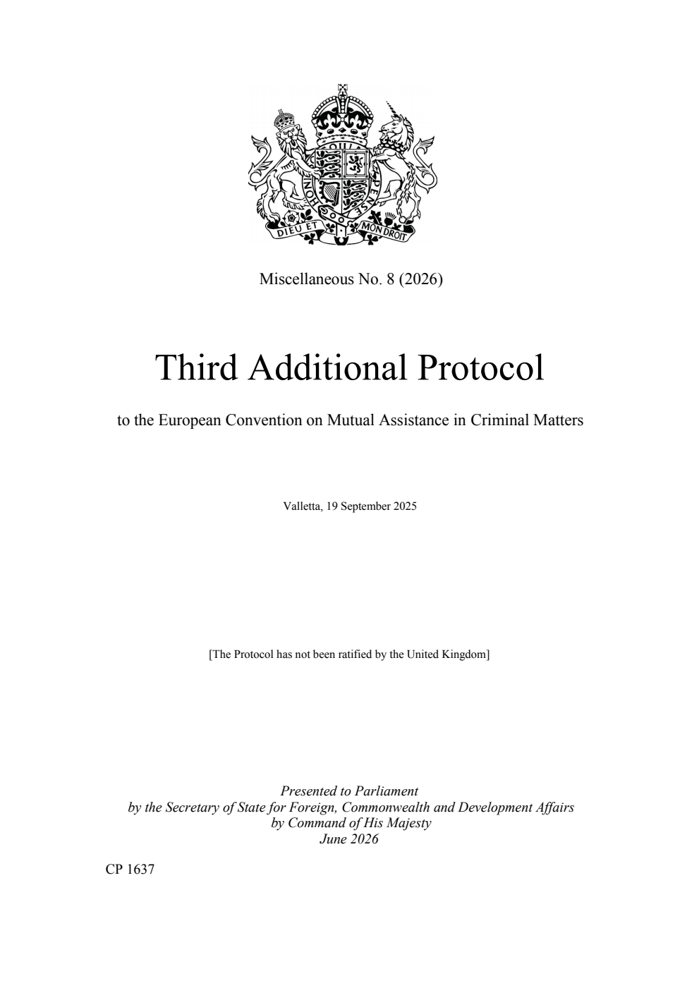 Miscellaneous No. 8 (2026) Third Additional Protocol to the European Convention on Mutual Assistance in Criminal Matters. Valletta, 19 September 2025