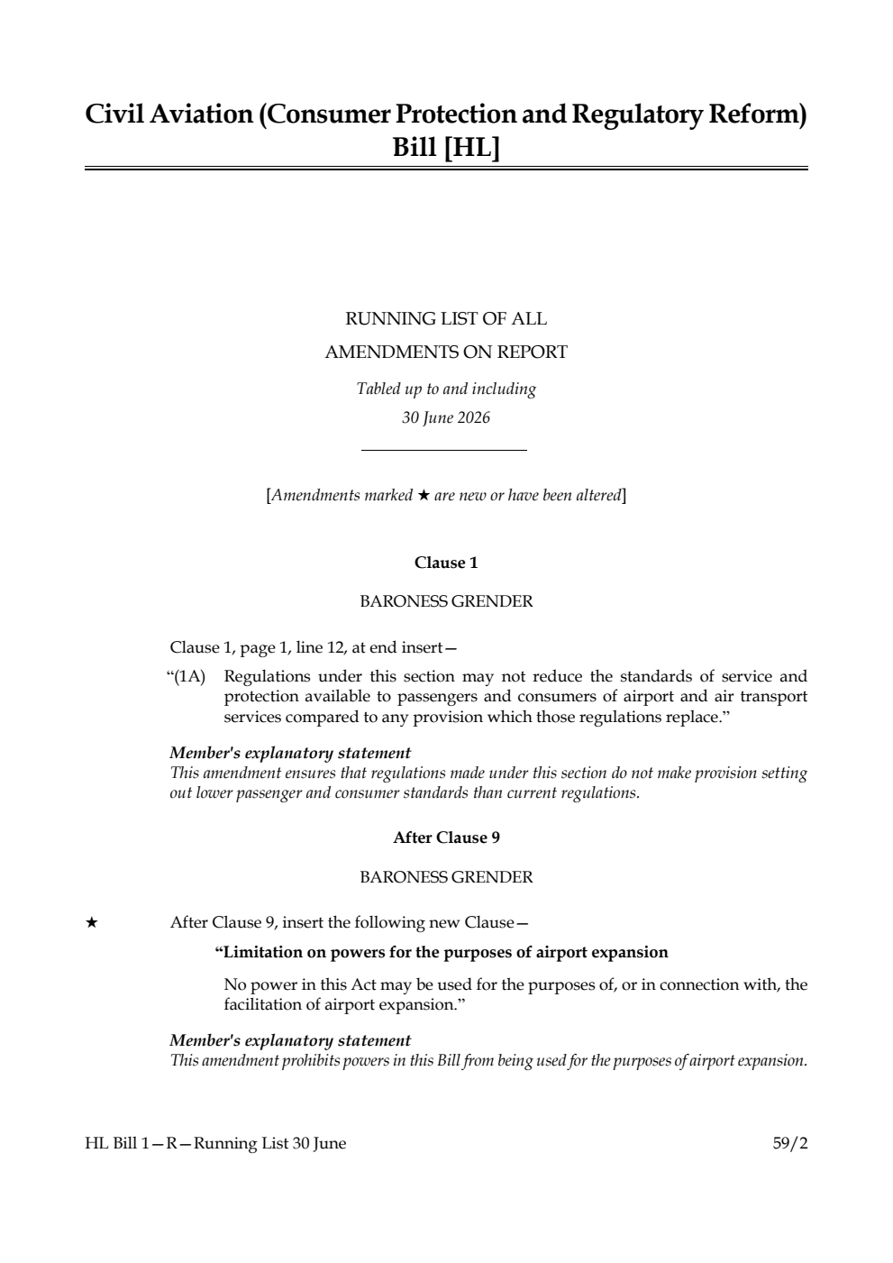 Civil Aviation (Consumer Protection and Regulatory Reform) Bill Running List of all amendments on report tabled up to and including 30 June 2026