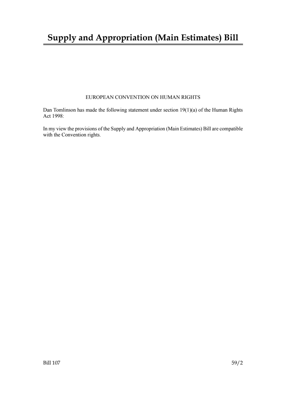Supply and Appropriation (Main Estimates) Bill