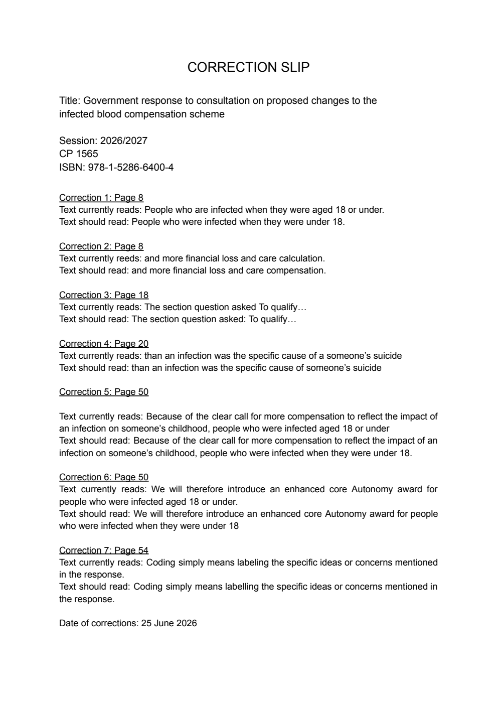 Government response to consultation on proposed changes to the infected blood compensation scheme. Correction Slip, June 2026