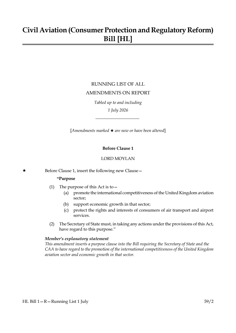 Civil Aviation (Consumer Protection and Regulatory Reform) Bill Running List of all amendments on report tabled up to and including 1 July 2026