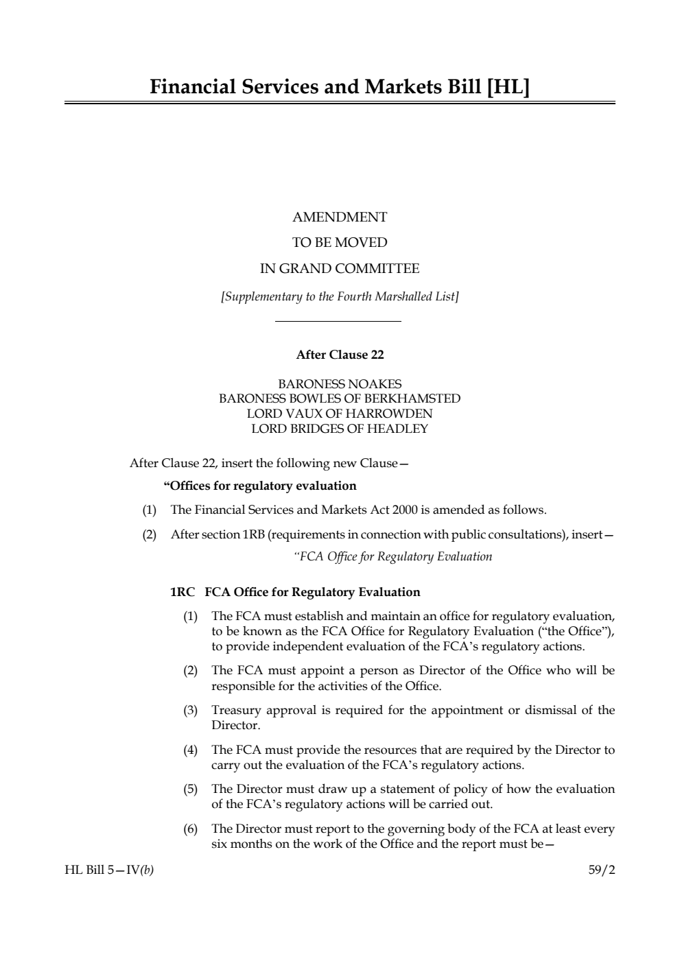 Financial Services and Markets Bill Amendment to be moved in Grand Committee [Supplementary to the Fourth Marshalled List] 
