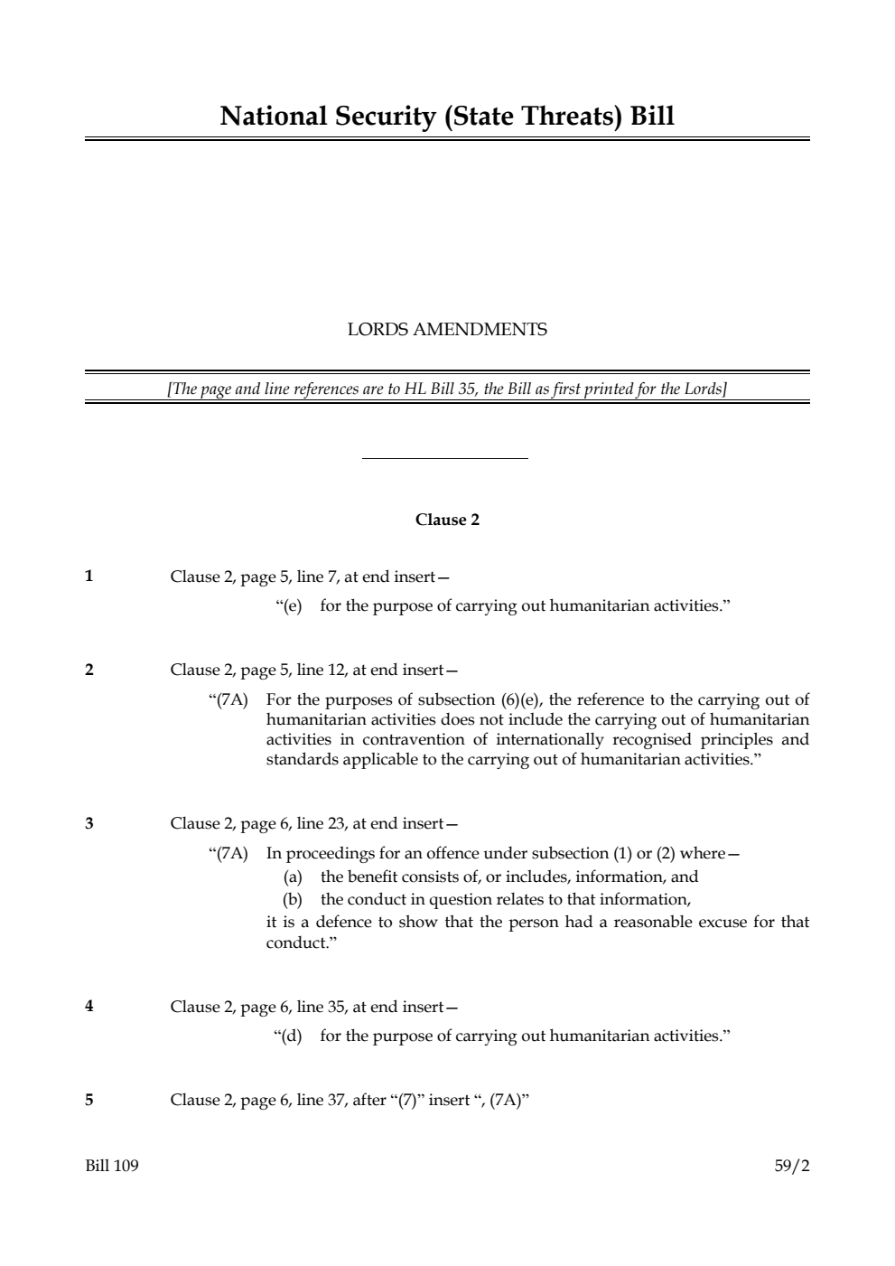 National Security (State Threats) Bill Lords amendments
