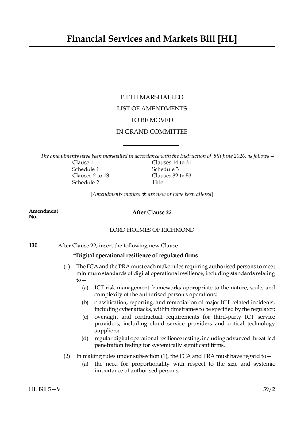 Financial Services and Markets Bill Fifth Marshalled List of amendments to be moved in Grand Committee