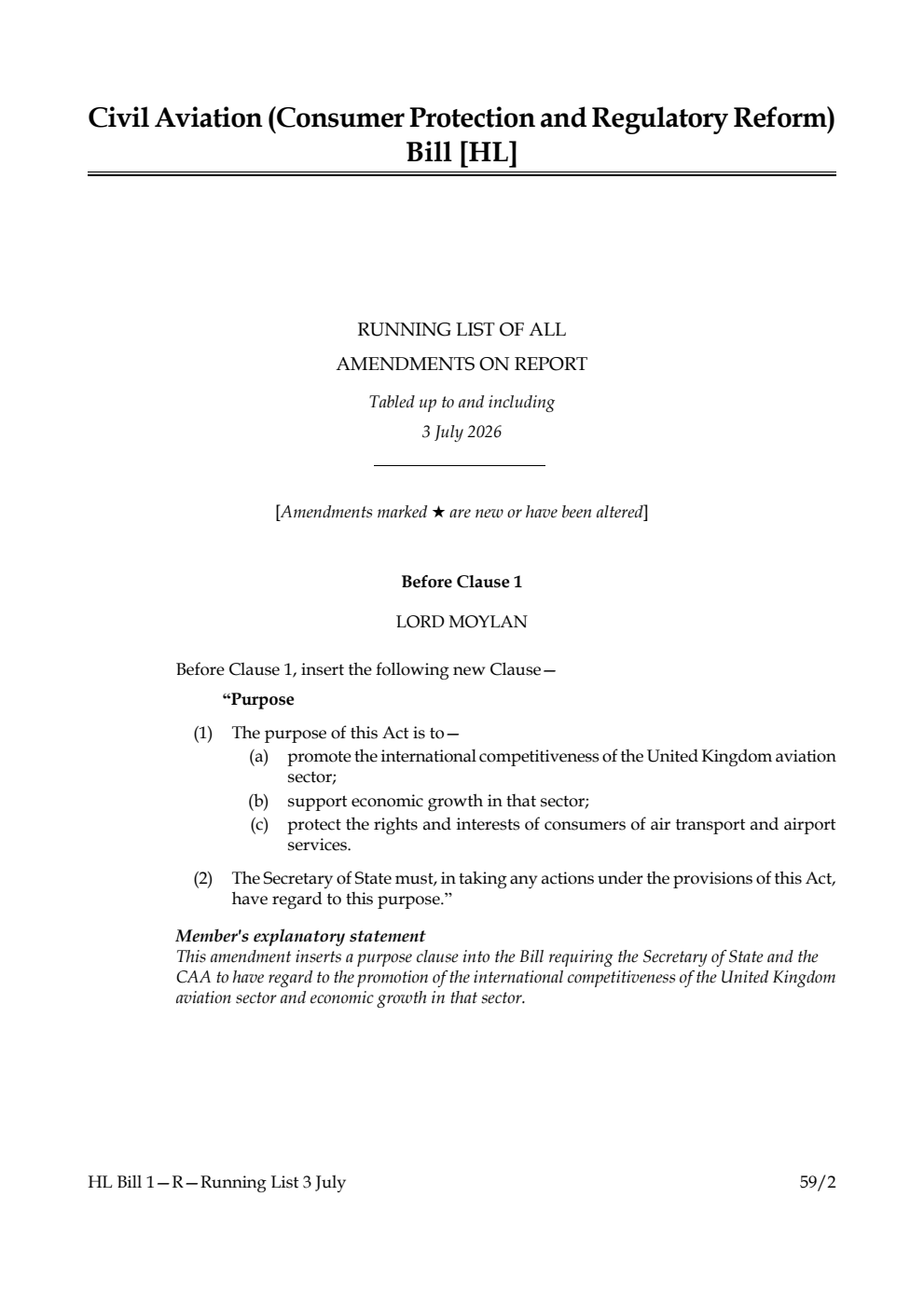 Civil Aviation (Consumer Protection and Regulatory Reform) Bill Running List of all amendments on report tabled up to and including 3 July 2026