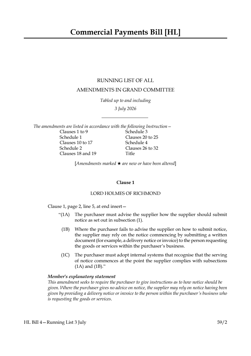 Commercial Payments Bill Running List of all amendments in Grand Committee tabled up to and including 3 July 2026