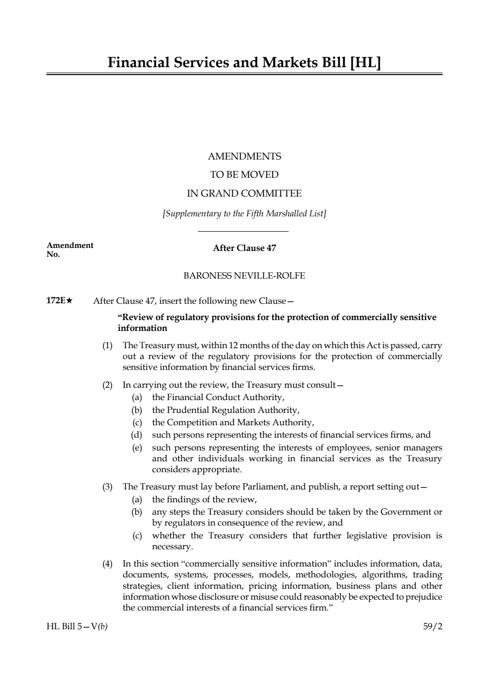 Financial Services and Markets Bill Amendments to be moved in Grand Committee [Supplementary to the Fifth Marshalled List]