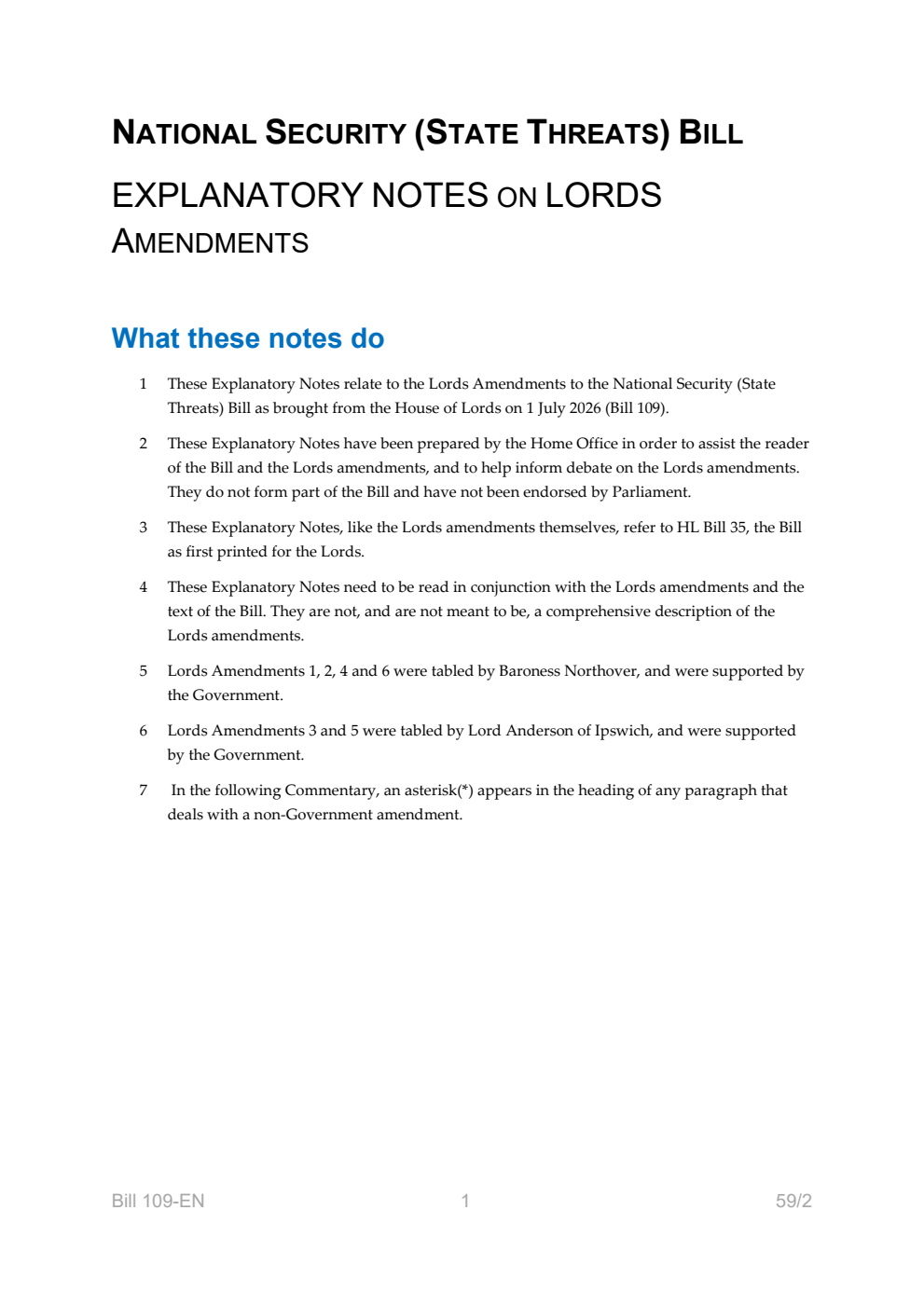 National Security (State Threats) Bill Explanatory Notes on Lords amendments