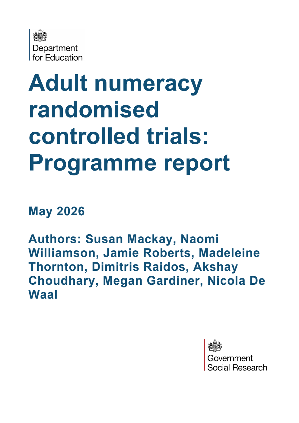 DFE-RR 1628/1 Adult numeracy randomised controlled trials: Programme report. Updated, June 2026